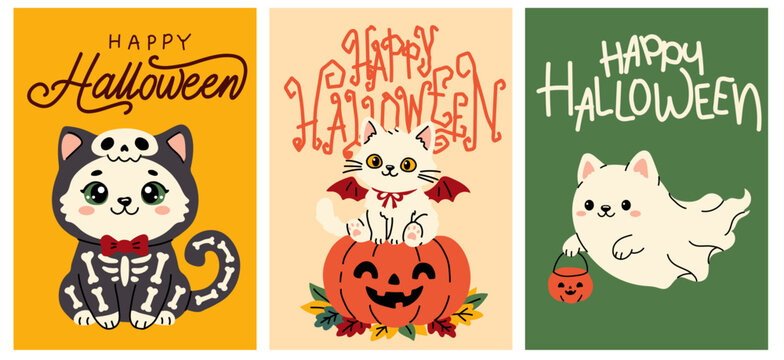 Happy Halloween Cat Posters with Pumpkin and Costumes