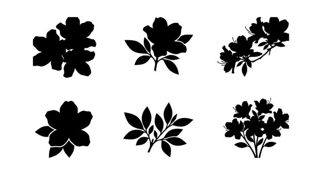 Black Azalea Flower Silhouettes, Botanical Vector Elements, Floral Graphic Design Icons