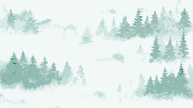 Watercolor forest scene with muted green and white tones depicts a tranquil atmospheric woodland landscape background branch