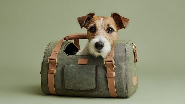 Cute Jack Russell Terrier Puppy Sitting Inside an Open Suitcase Isolated on White Background Studio Portrait of an Adorable Small Pet Dog