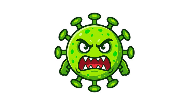 Angry virus monster with sharp teeth and spiky body. Cartoon germ character showing aggression in 3D vector illustration.