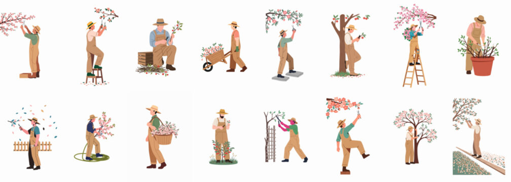 Collection of male gardener illustrations pruning fruit trees and performing seasonal garden maintenance tasks in a spring orchard setting.