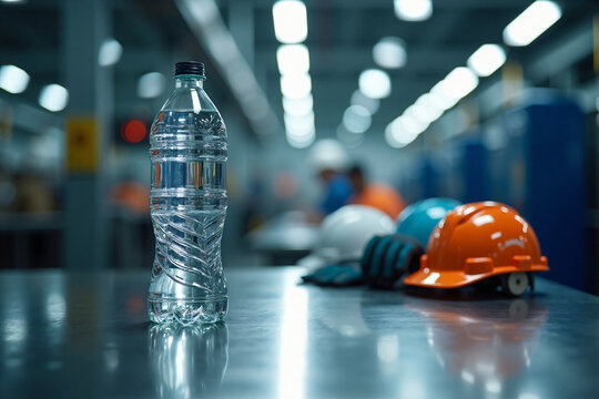 Clear plastic water bottle on table in industrial factory setting with safety helmets gloves and workers blurred background