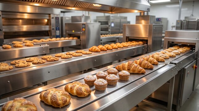 Fresh bread and muffins moving along a metal conveyor belt in a large automated industrial bakery factory production line