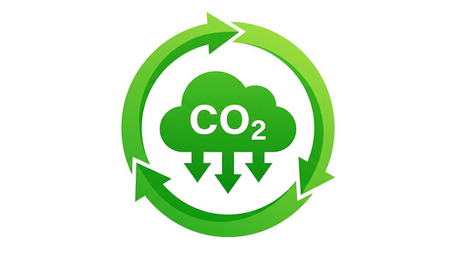 Carbon dioxide recycling symbol with green leaves. Eco-friendly CO2 reduction icon for sustainability and climate action.