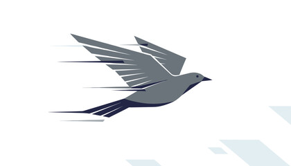 Obraz premium Stylized gray bird flies forward dynamically with motion lines depicting speed and agility against a white background.