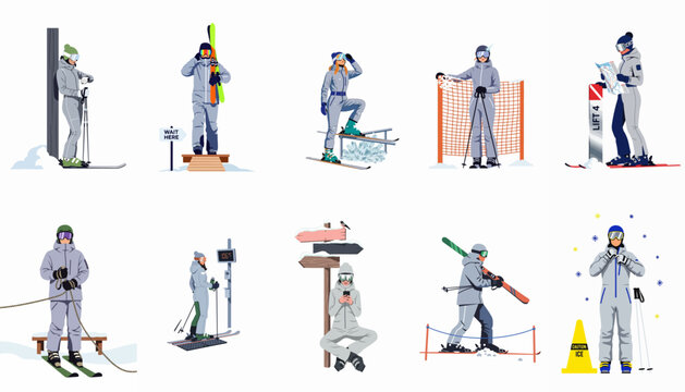Collection of flat vector illustrations featuring diverse skiers in winter outfits, depicting various scenes and activities at a mountain ski resort.