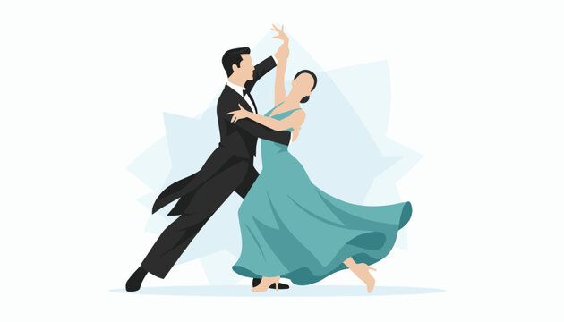 Professional ballroom dancing couple gracefully performs an elegant dance move with the woman in a flowing teal gown.