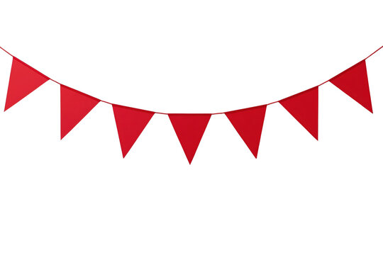 Red triangular flags creating a festive garland, celebrating party decoration, event, festival, or welcome occasion with transparency