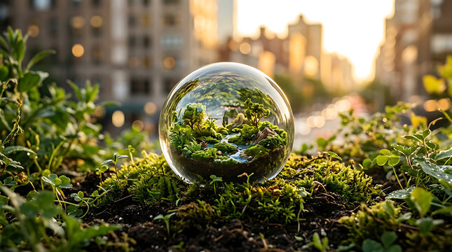 Crystal ball reflecting urban cityscape at sunset. Mystical globe showing future vision with golden light and greenery.