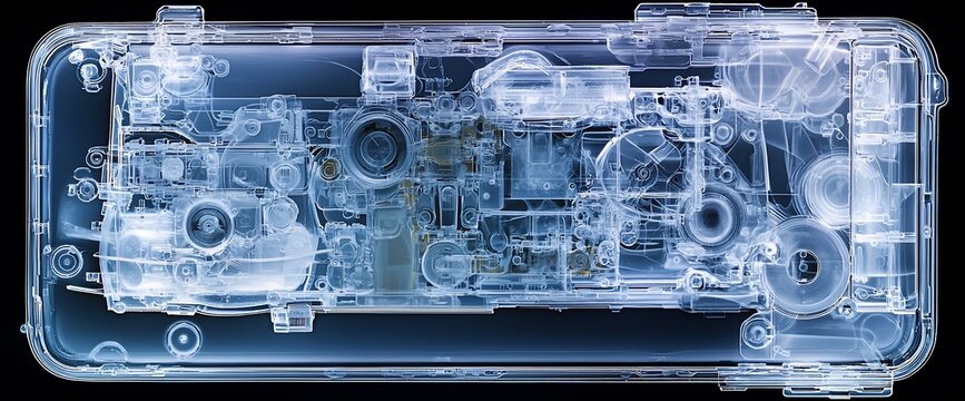 Smartphone internal components, X-ray view, dark background, tech illustration