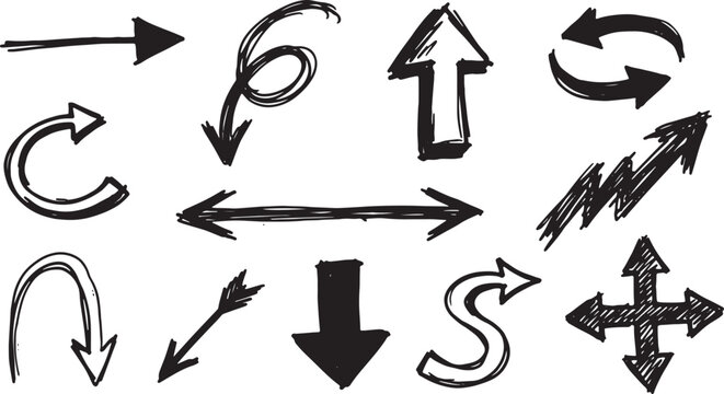 Hand-drawn black ink arrows in various directions and shapes curved