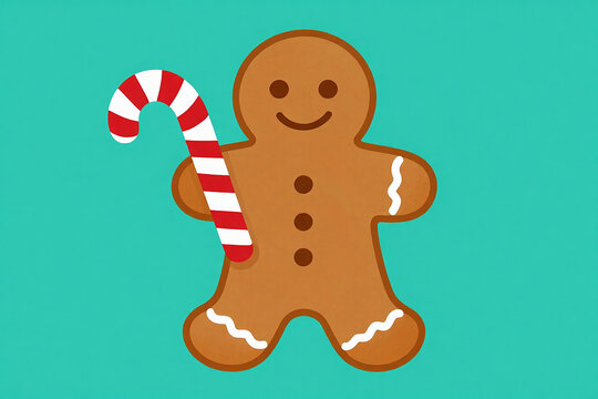 Cheerful Gingerbread Man Clutching a Classic Red and White Candy Cane, Infusing Holiday Spirit with Whimsical Charm and Sweet Nostalgia