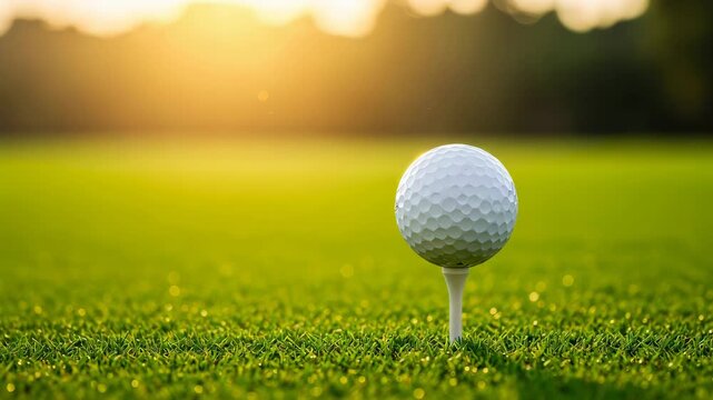 Golf ball on tee set on green grass. Outdoor professional sport equipment at sunset. Closeup view of gear for game competition and healthy active lifestyle.