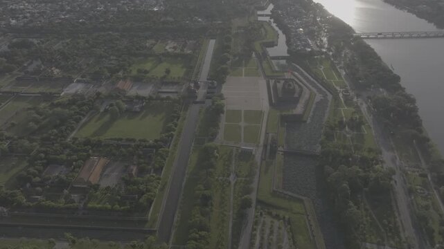 Aerial drone footage of the Imperial City of Hue, Vietnam, featuring Ngo Mon Gate, Thai Hoa Palace, and Kien Trung Palace. A UNESCO World Heritage Site - D log mode