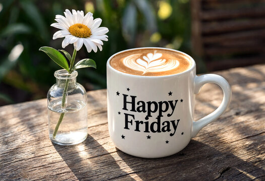 White coffee mug with latte art and happy friday text beside flower vase on table