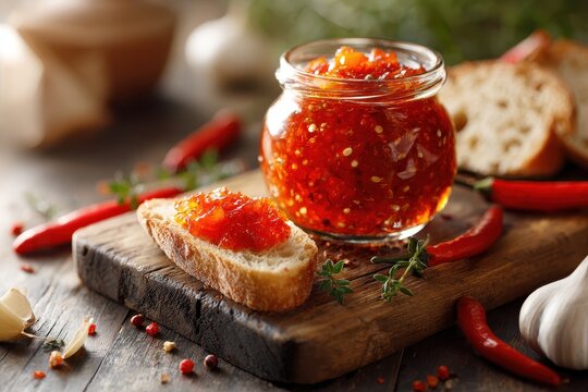 Gourmet hot relish crafted from Calabrian peppers displayed beside a spoon and slice of bread
