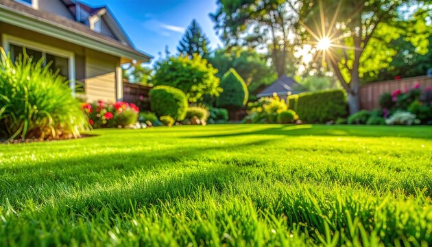 Enjoy a beautiful, vibrant green lawn in a suburban backyard under warm summer sun, evoking peaceful feelings of home comfort and tranquility. Perfect for landscaping. Nobody.