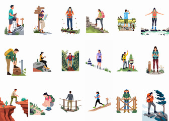 Fototapeta premium Comprehensive collection of flat vector illustrations showing diverse people engaged in hiking, trekking, and various outdoor adventure activities across different natural terrains.