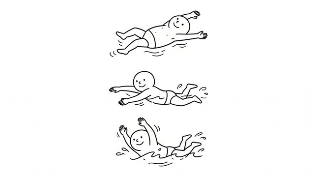 ゆるい手書き風の水泳3泳法セットイラスト（背泳ぎ・平泳ぎ・バタフライ） 