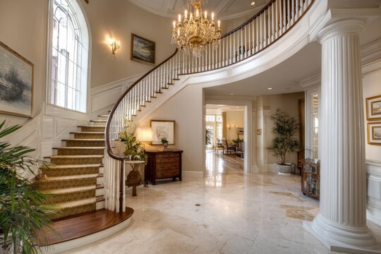 Grand interior foyer with curved staircase, chandeliers, and classical architecture details