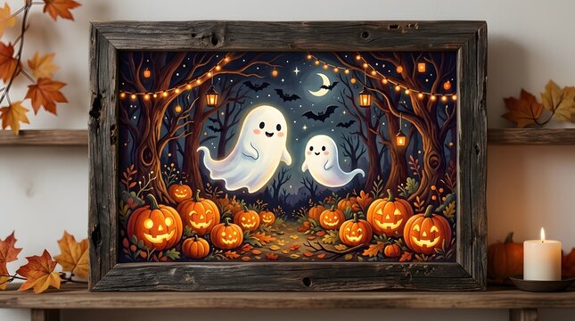 Charming halloween ghosts and pumpkins forest art print