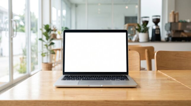 Modern laptop with empty white screen on wooden table in a bright cozy cafe with natural light coming from large windows