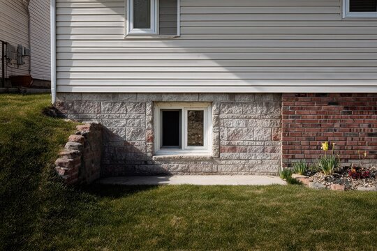 Ground-level basement egress window visible from outside a suburban home