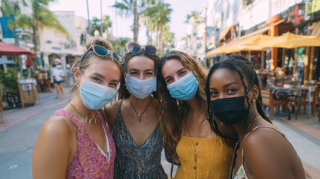 Group of four friends on vacation wearing protective masks in a sunny city plaza, embracing the new normal