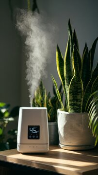 A white humidifier emits vapor next to potted sansevieria plants on a wooden shelf. Image evoke wellness, air quality, tranquil indoor environment, and home care. Ideal for articles on health.