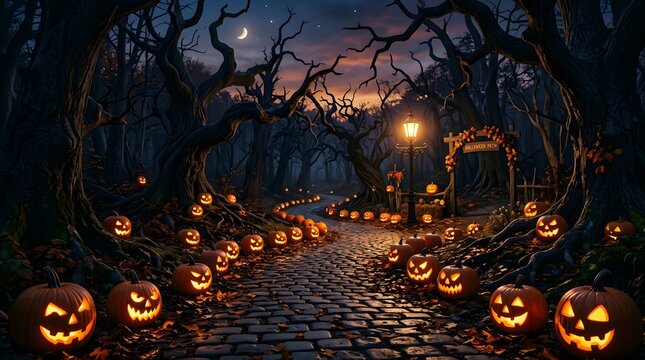 Spooky halloween forest path with jackolanterns