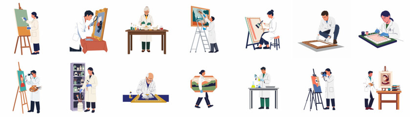 Set of professional art restorers and conservators working on paintings and historical artworks in a laboratory or workshop setting, illustrated in flat style.