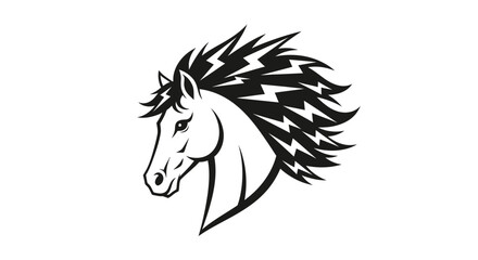 Horse head profile features a stylized mane resembling sharp lightning bolts in a minimalist black and white graphic design. © berkah