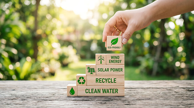 Hand placing eco-friendly recycling block on wooden table. Sustainable lifestyle concept with reusable energy and clean environment symbols.