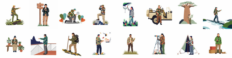 Comprehensive collection of outdoor adventure illustrations featuring characters in camouflage outfits engaged in hiking, camping, wildlife observation, and navigation activities. © Telu