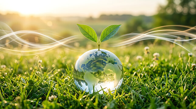 Crystal globe on grass symbolizing eco-friendly sustainability. Transparent Earth model showcasing environmental conservation and green energy solu...