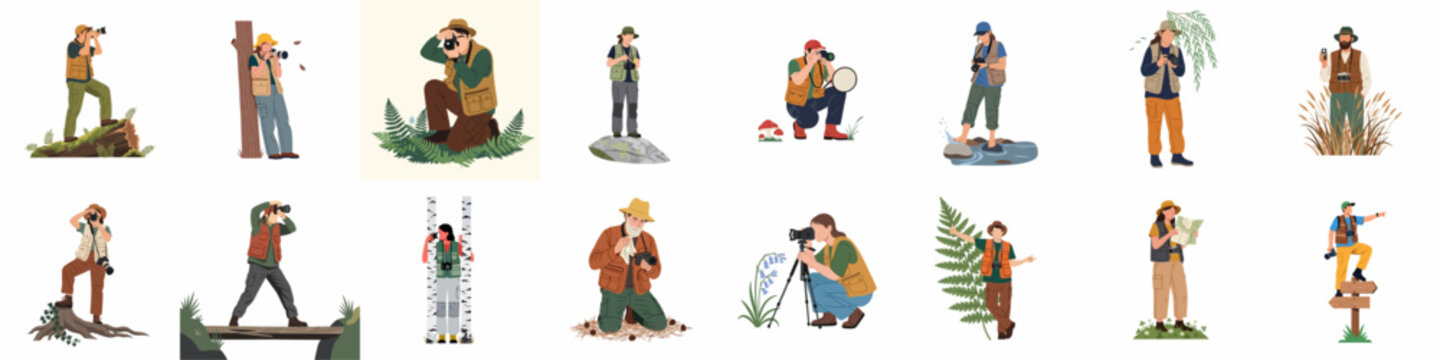 Collection of diverse nature photographers and outdoor explorers in various wilderness settings, capturing wildlife and landscapes through photography and observation.