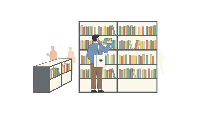 Young man standing in front of a bookcase in a public library while searching for a book to read or study.