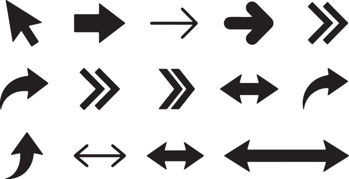 Nine black arrow on white background, various directions arrows symbol