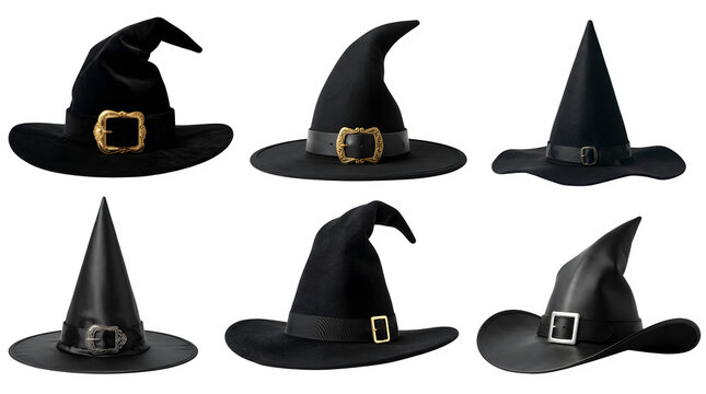 Set of black witch hats for halloween on transparent background