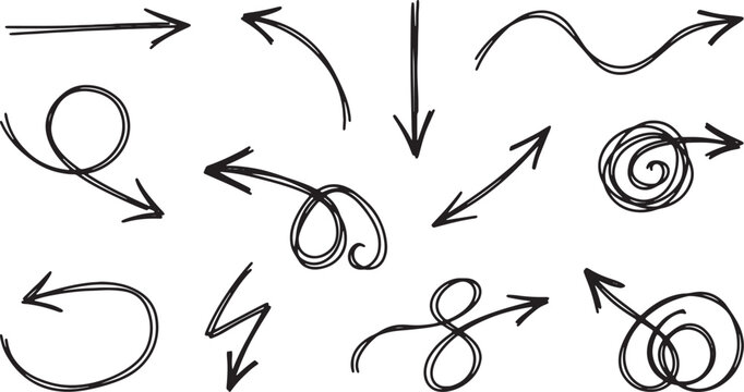 Varied hand-drawn arrows in black ink on white background, direction