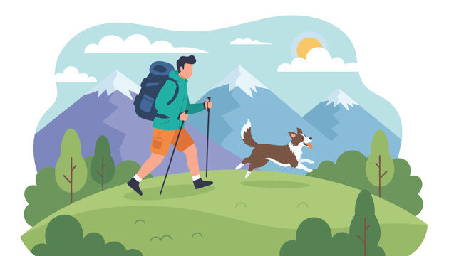 Active male hiker with a backpack trekking in the scenic snowy mountains with his loyal border collie dog.