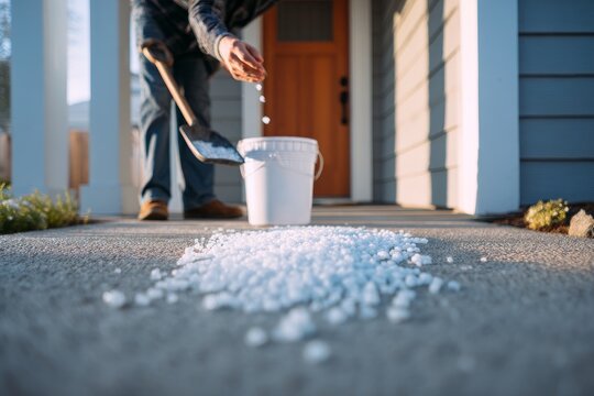 Man use a shovel to spread ice melt on a concrete walkway to melt ice during winter weather. Use for home maintenance, winter weather safety, and homeownership concepts. 200 Characters