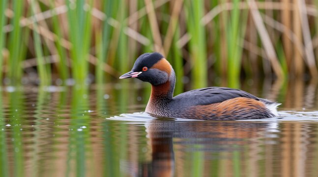 Red necked grebe swims in small lake during sunny spring day. Water bird moves calm on pond surface near green reed plants. Wild aquatic avian species floats at wetland habitat area. Sharp focus on