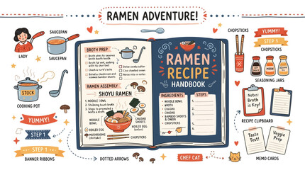 Naklejka premium Illustrated ramen recipe handbook template with cooking steps ingredients