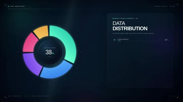 Animated donut chart data distribution dashboard with market analytics and business statistics
