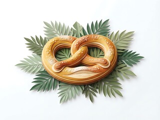 Fototapeta premium Baked pretzel snack with leafy green decoration