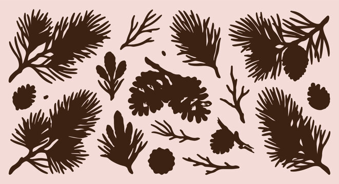 brown pine branch seamless pattern, hand drawn pine cone line art, evergreen forest vector illustration, winter foliage doodle background, rustic woodland sketch wallpaper, continuous pine needle prin