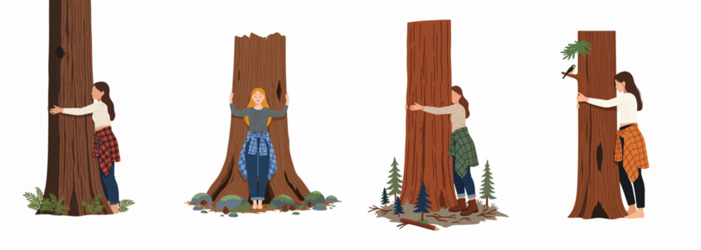 Vector illustration set of women hugging and embracing giant redwood tree trunks, symbolizing a deep connection with nature and environmental conservation.