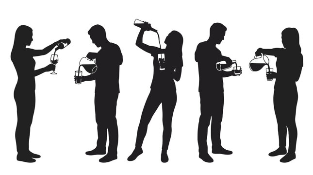 Silhouettes of people pouring and drinking wine and beverages from bottles